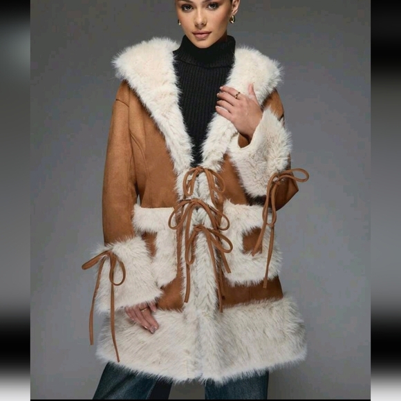 Fur Shearling Belted Long Coat - Picture 1 of 5